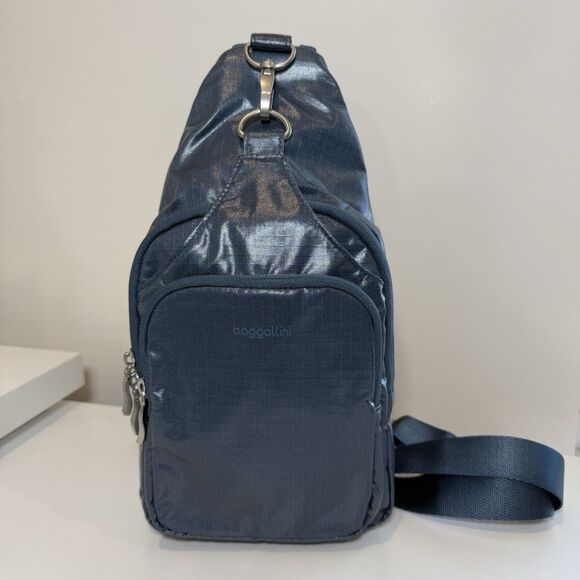 Baggallini Crossbody Backpack Central Park Sling Mist Gloss Ripstop Blue - Picture 1 of 9